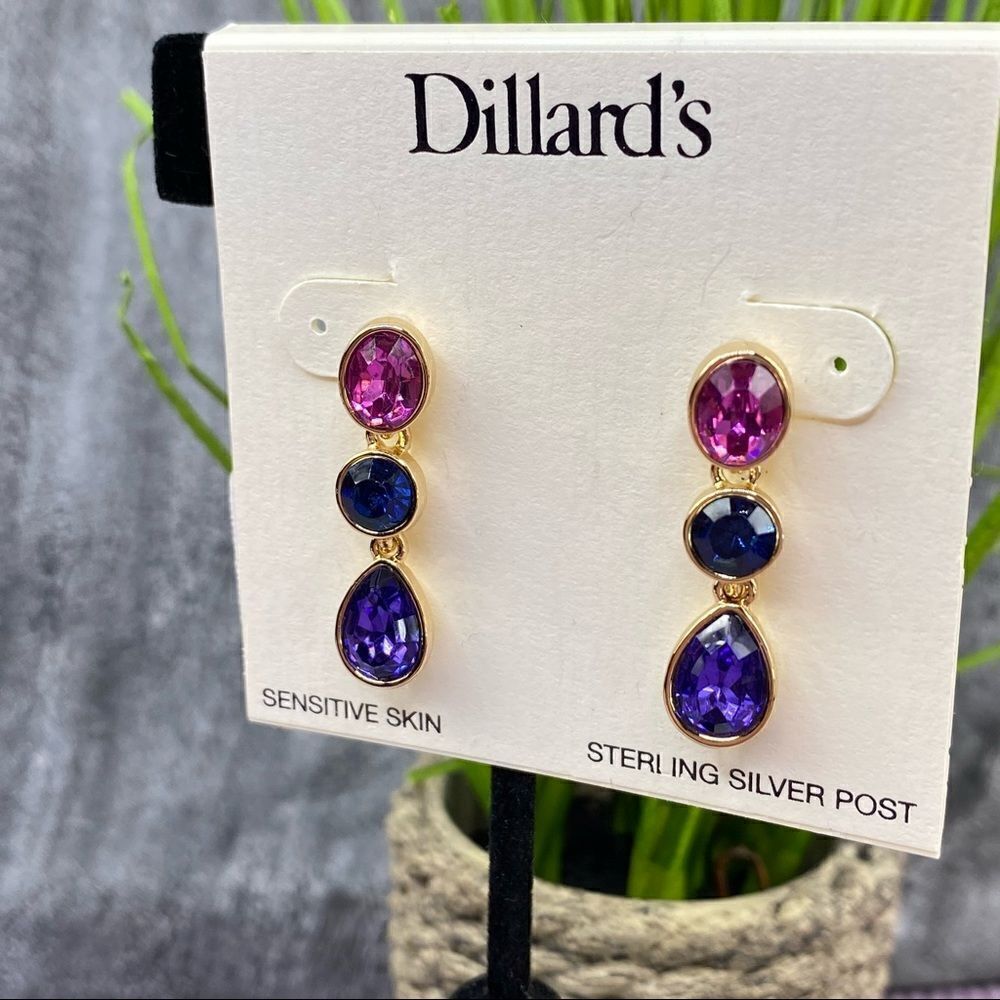 Dillard’s Tri Color Dangle Chandelier Earrings Pink‎ Blue Purple